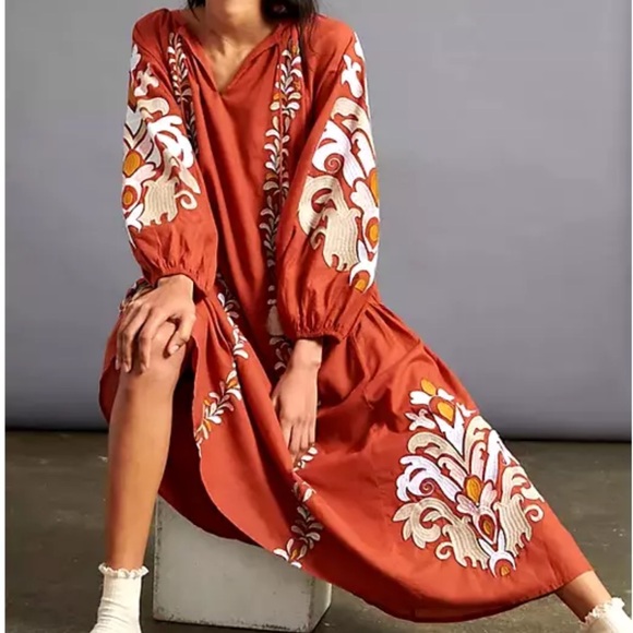Anthropologie Dresses & Skirts - Anthropologie Rust Embroidered Long Sleeve Dress